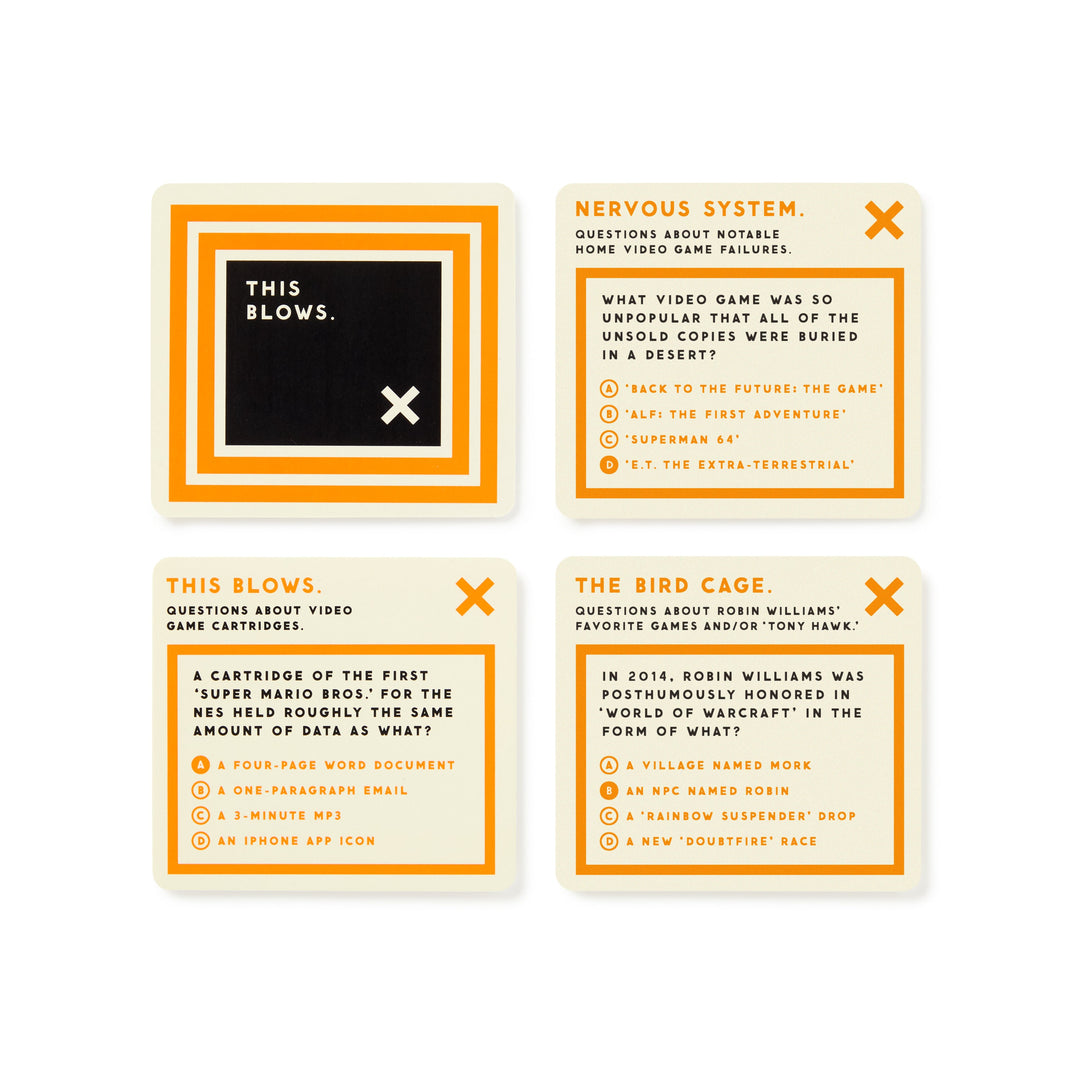 Bizarre Video Game Trivia by Brass Monkey includes four square cards with orange and black borders, each featuring quirky trivia questions about video games, movies like Robin Williams films, and bizarre animal facts.