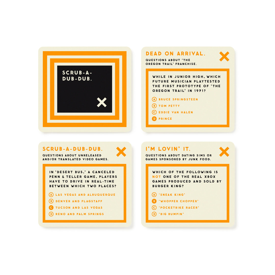 Four square trivia cards from Brass Monkey’s Bizarre Video Game Trivia are shown, each with a white background and orange, black, and yellow borders. The cards feature quirky video game facts with multiple-choice answers—ideal for any trivia fan.