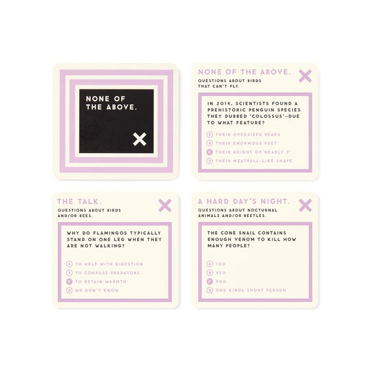 Brass Monkey’s Useless Animal Trivia features four square cards with purple borders and text. One says None of the above; others offer animal trivia and quirky facts as multiple-choice questions with checkboxes.