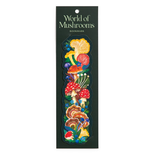The World of Mushrooms Paper Bookmark by Olga Akbarova features colorful fungi and small blue flowers on a dark green background, with the product name labeled at the top.