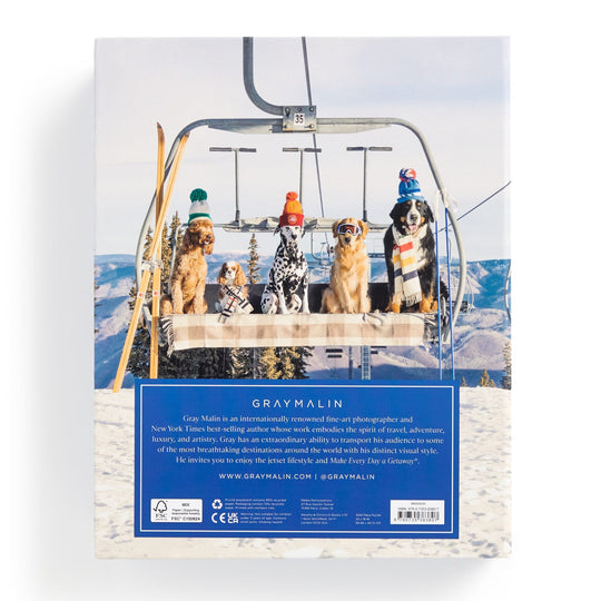 Five dogs in colorful winter hats sit on a ski lift above snowy mountains with pine trees, showcasing the whimsical style of Gray Malins photography in the Gray Malin Aspen 1000 Piece Book Box Puzzle.