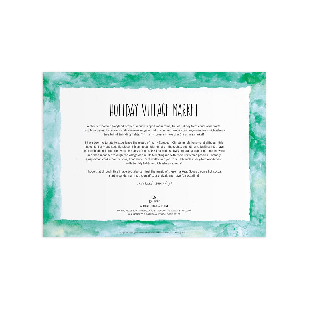 The Michael Storrings Holiday Village Market 1000pc Foil Puzzle in Square Box by Michael Storrings features festive market artwork, artist’s signature, logo, and website link in a decorative green watercolor border.
