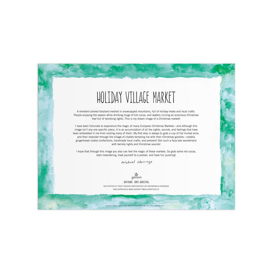 The Michael Storrings Holiday Village Market 1000pc Foil Puzzle in Square Box by Michael Storrings features festive market artwork, artist’s signature, logo, and website link in a decorative green watercolor border.