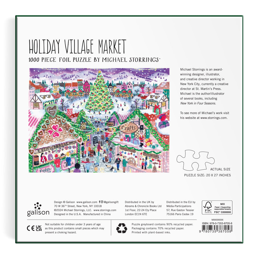 Back of the Michael Storrings Holiday Village Market 1000pc Foil Puzzle box features a vibrant holiday village market scene with snow, stalls, carousel, people, and product details. Brand: Michael Storrings.