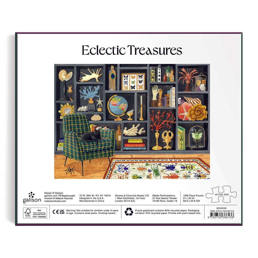The Eclectic Treasures 1000 Piece Foil Puzzle by Mélanie Voituriez features a bookshelf with books, globes, coral, and specimens, plus a plaid chair and vibrant rug. Precision-cut pieces bring this charming scene to life.