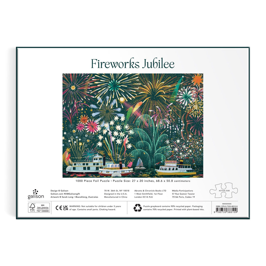 Box for the Sarah Long Fireworks Jubilee 1000 Piece Foil Puzzle, showcasing vibrant fireworks over boats on water at night. Puzzle size and product details are printed below the image.