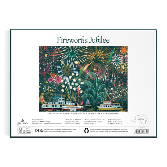 Box for the Sarah Long Fireworks Jubilee 1000 Piece Foil Puzzle, showcasing vibrant fireworks over boats on water at night. Puzzle size and product details are printed below the image.