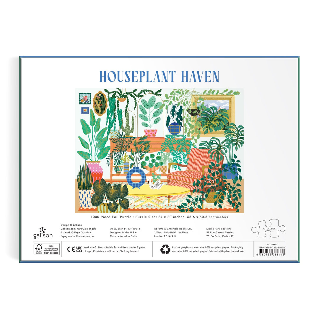 A 1000-piece foil puzzle by Faye Guanipa featuring a cozy room with houseplants, a patterned couch, striped rug, shelves, and framed art. The text reads "Houseplant Haven" with puzzle details and warnings below.