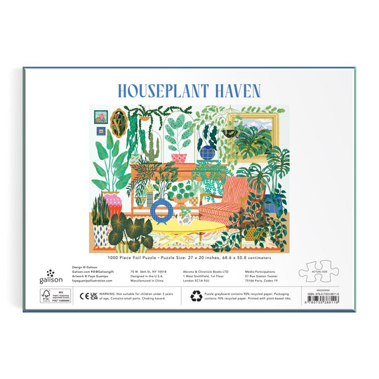 A 1000-piece foil puzzle by Faye Guanipa featuring a cozy room with houseplants, a patterned couch, striped rug, shelves, and framed art. The text reads "Houseplant Haven" with puzzle details and warnings below.