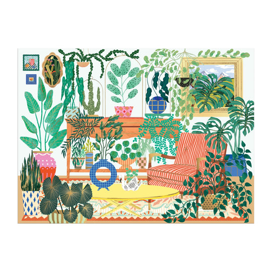 The Houseplant Haven 1000 Piece Foil Puzzle by Faye Guanipa showcases a vibrant living room with green houseplants, a red striped armchair, yellow rug, wooden furniture, and wall art for a lush indoor jungle feel.