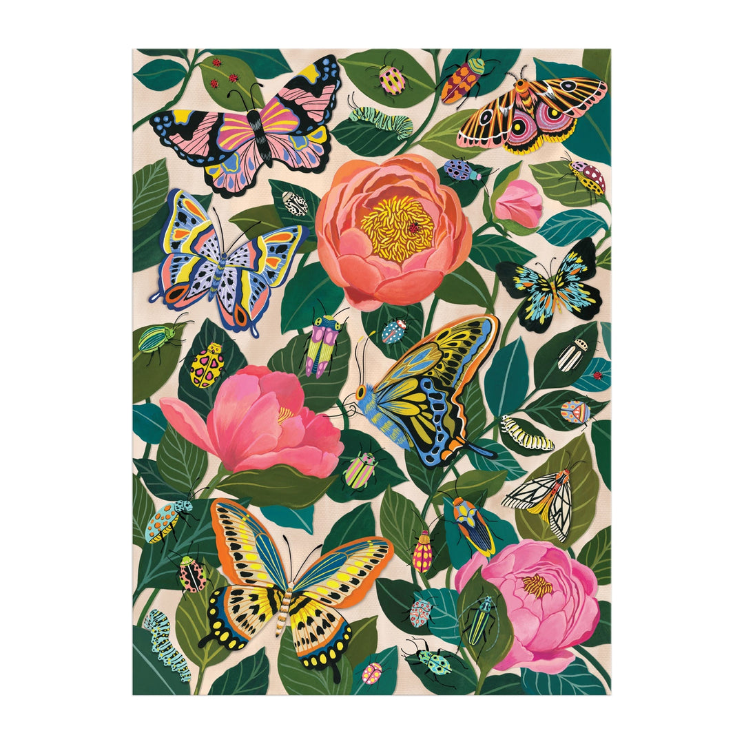 The Between the Blooms 1000 Piece Foil Puzzle by Christine De Carvalho features vibrant butterflies, beetles, and insects among lush greenery and pink flowers—an eye-catching botanical design to brighten your puzzle collection.