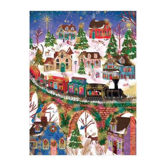Experience the Joy Laforme Twinkletown Express 1000 Piece Foil Puzzle, featuring a festive winter village with colorful houses, a decorated Christmas tree, snow-covered trees, and a steam train crossing a stone bridge under the starry night sky.