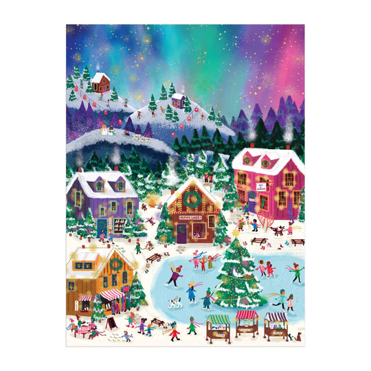 Experience the Joy Laforme Northern Lights 1000 Piece Foil Puzzle featuring a festive winter village with colorful houses, people skating, sledding, market stalls, snowy trees, and a vibrant aurora sky.