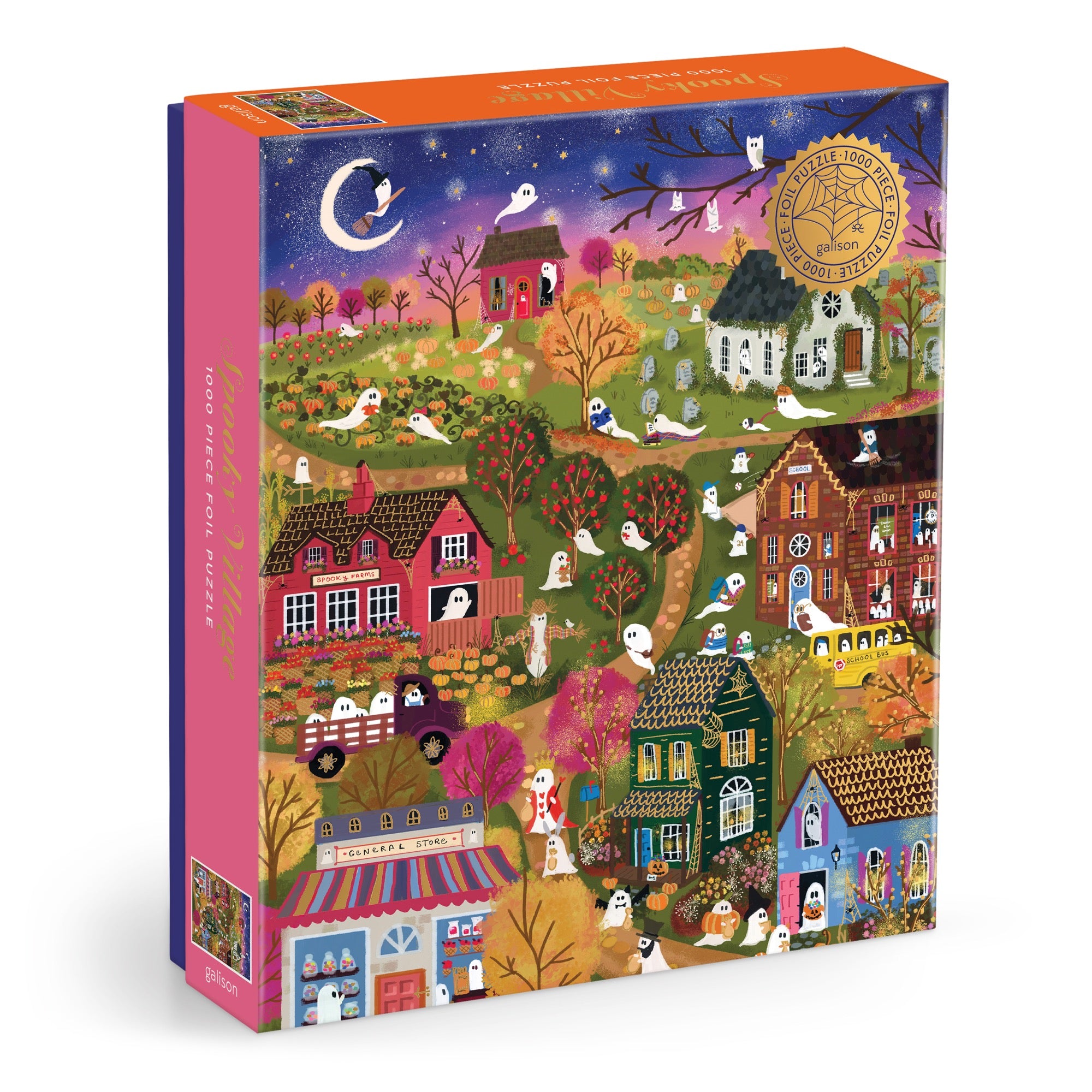 The Joy Laforme Spooky Village 1000 Piece Foil Puzzle features a vibrant nighttime scene with ghosts, pumpkins, orange-leaved trees, and a crescent moon on its box, plus a gold award seal in the top right corner.