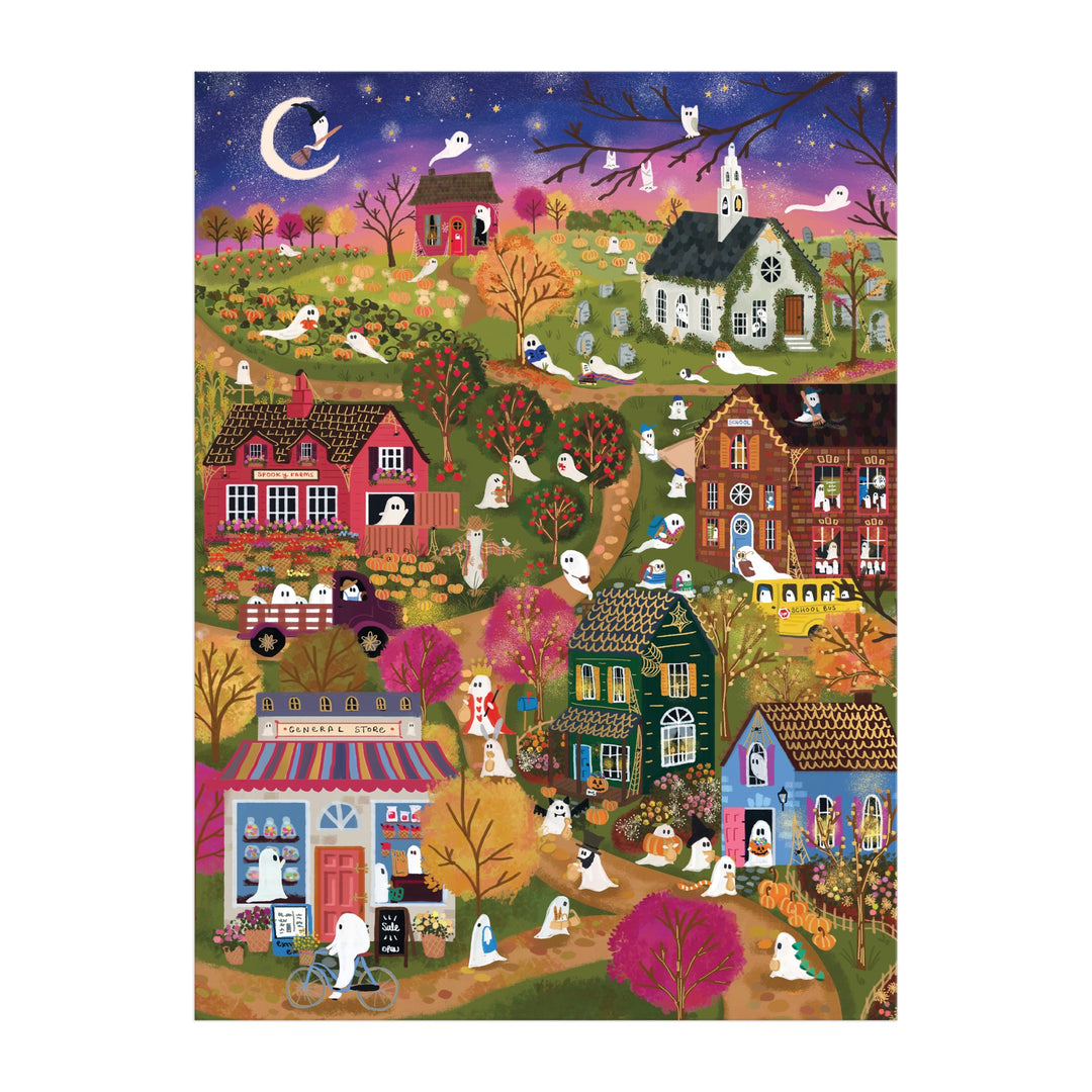 The Joy Laforme Spooky Village 1000 Piece Foil Puzzle features a whimsical dusk scene with ghosts, houses, trees, and graveyards under a twilight purple sky with stars and a crescent moon—perfect for autumn nights.
