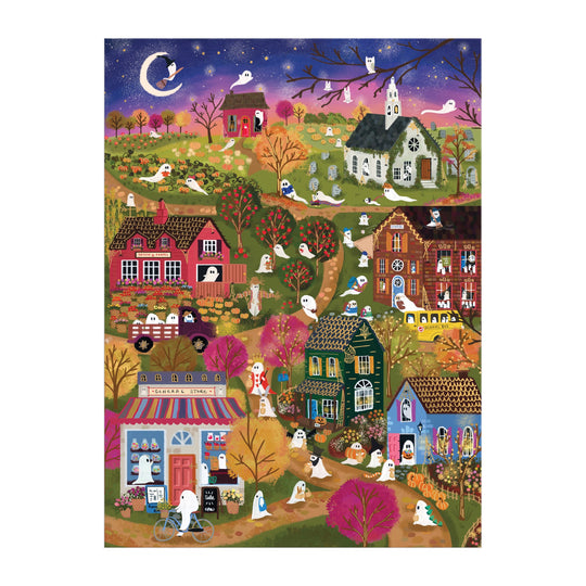 The Joy Laforme Spooky Village 1000 Piece Foil Puzzle features a whimsical dusk scene with ghosts, houses, trees, and graveyards under a twilight purple sky with stars and a crescent moon—perfect for autumn nights.