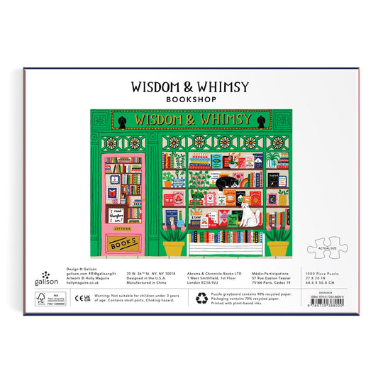 The Holly Maguire Wisdom & Whimsy Bookshop 1000 Piece Foil Puzzle features an illustrated green bookshop storefront with colorful books and a cat in the window, plus branding and product details on the white background.