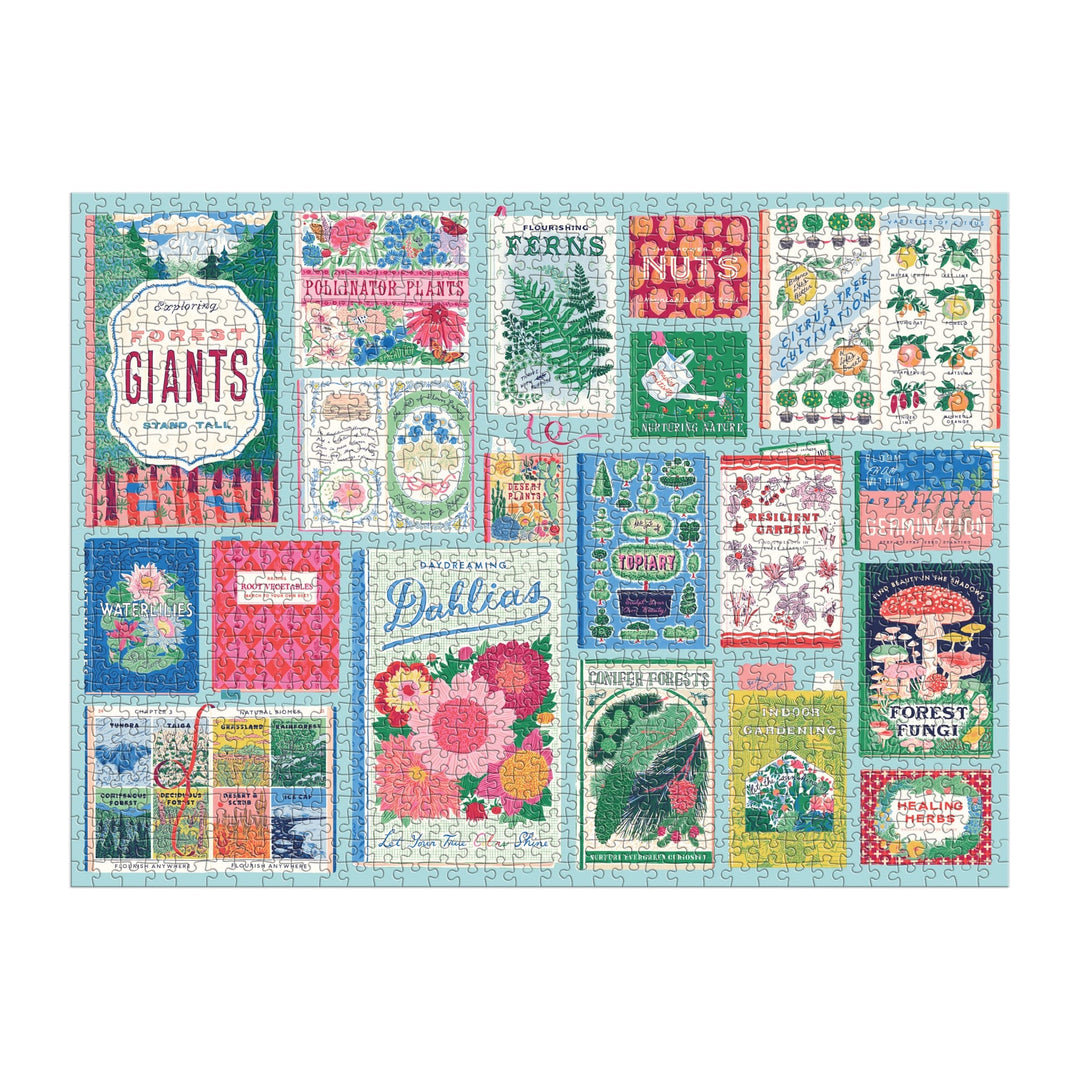 The Ever Upward Botanist Bookshelf 1000 Piece Puzzle by Emily Taylor features a grid of vintage-style botanical book covers—showcasing flowers, mushrooms, ferns, trees, and gardening themes—once completed.
