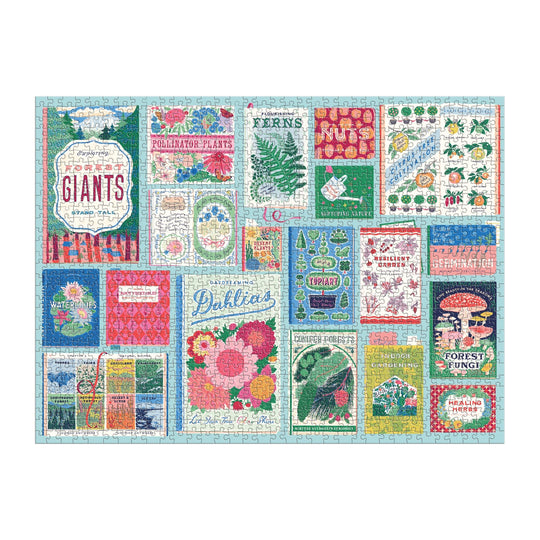 The Ever Upward Botanist Bookshelf 1000 Piece Puzzle by Emily Taylor features a grid of vintage-style botanical book covers—showcasing flowers, mushrooms, ferns, trees, and gardening themes—once completed.