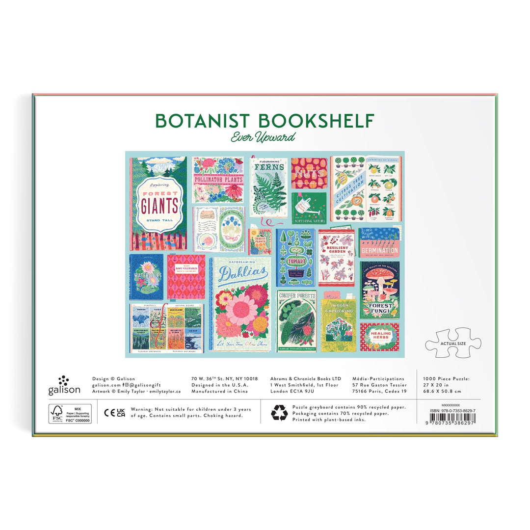 Back of the Ever Upward Botanist Bookshelf 1000 Piece Puzzle by Emily Taylor, featuring colorful illustrated vintage gardening book covers neatly arranged in a grid.