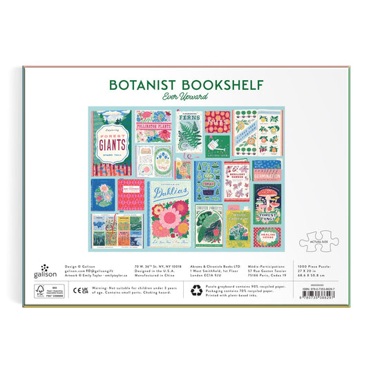 Back of the Ever Upward Botanist Bookshelf 1000 Piece Puzzle by Emily Taylor, featuring colorful illustrated vintage gardening book covers neatly arranged in a grid.