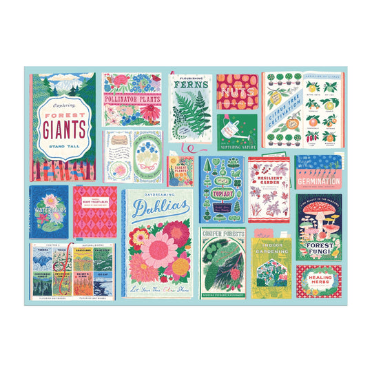 The Ever Upward Botanist Bookshelf 1000 Piece Puzzle by Emily Taylor features a vibrant collage of vintage-style botanical posters with flowers, plants, seeds, nuts, fungi, and decorative gardening themes.