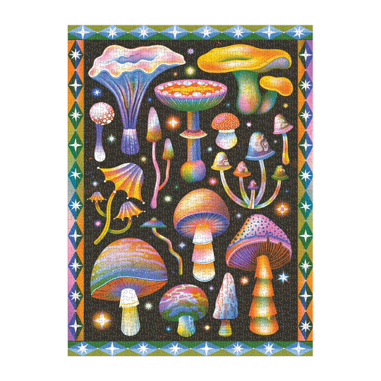 The Cosmic Mushrooms 1000 Piece Puzzle by Jasmine Floyd features vibrant, psychedelic mushroom illustrations on a black background with a multicolored geometric border—perfect for mycology fans or lovers of unique puzzles.