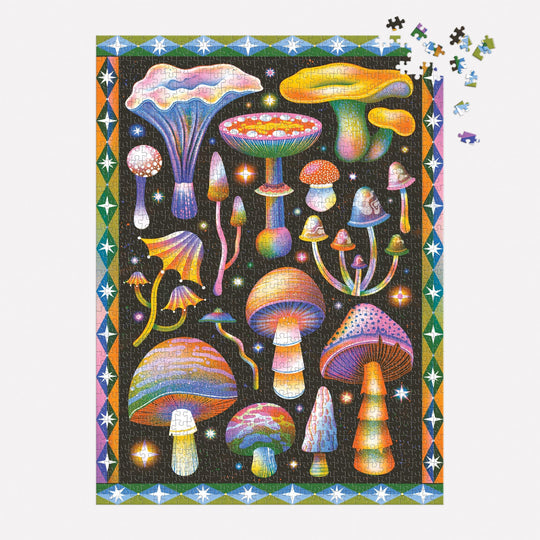 The Cosmic Mushrooms 1000 Piece Puzzle by Jasmine Floyd features vibrant, whimsical mushrooms on a black background with a geometric border. A few pieces are missing in the upper right corner, adding to its magical and psychedelic charm.