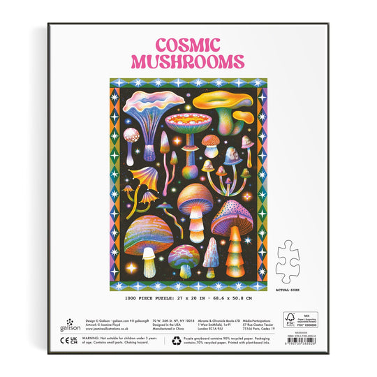 The Cosmic Mushrooms 1000 Piece Puzzle by Jasmine Floyd features vibrant, illustrated mushrooms of all shapes on a black background with a bold geometric border—a mycology-inspired treat for puzzle lovers.