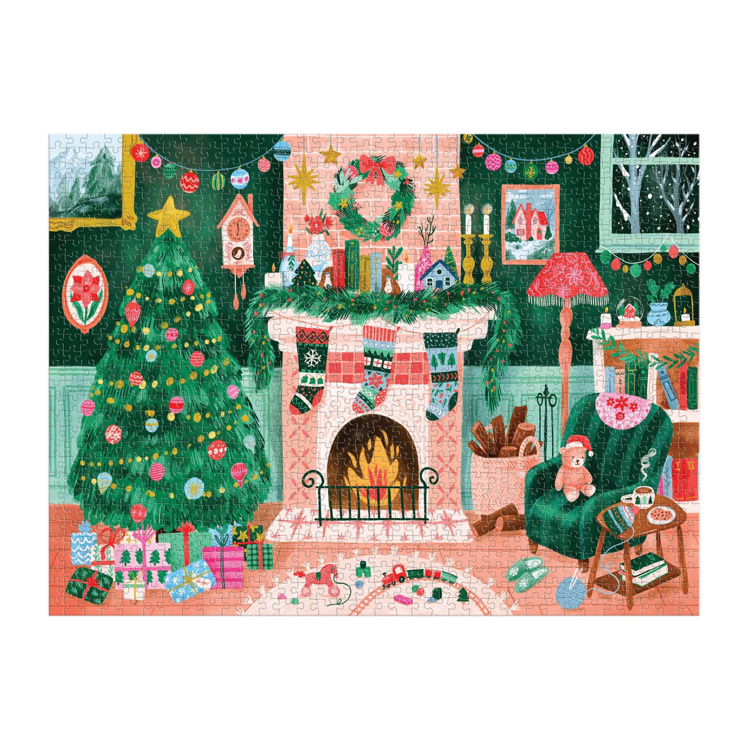 Create a festive scene with the Carla Ellis Cozy by the Fireplace 1000 Piece Puzzle, featuring stockings on the mantle, a glowing fireplace, presents, and a green armchair with a teddy bear—perfect for puzzle lovers.
