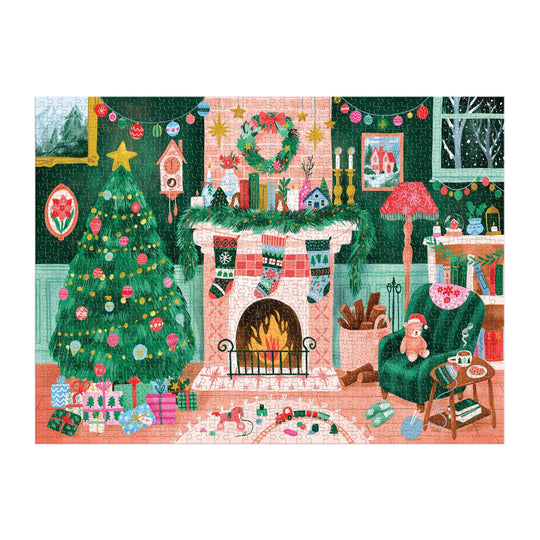 Create a festive scene with the Carla Ellis Cozy by the Fireplace 1000 Piece Puzzle, featuring stockings on the mantle, a glowing fireplace, presents, and a green armchair with a teddy bear—perfect for puzzle lovers.