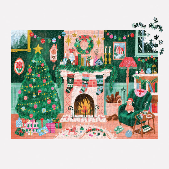 Puzzle lovers will enjoy the Carla Ellis Cozy by the Fireplace 1000 Piece Puzzle, featuring a festive Christmas scene with a decorated tree, stockings, gifts, wreaths, a green armchair, and scattered pieces in the top right corner.