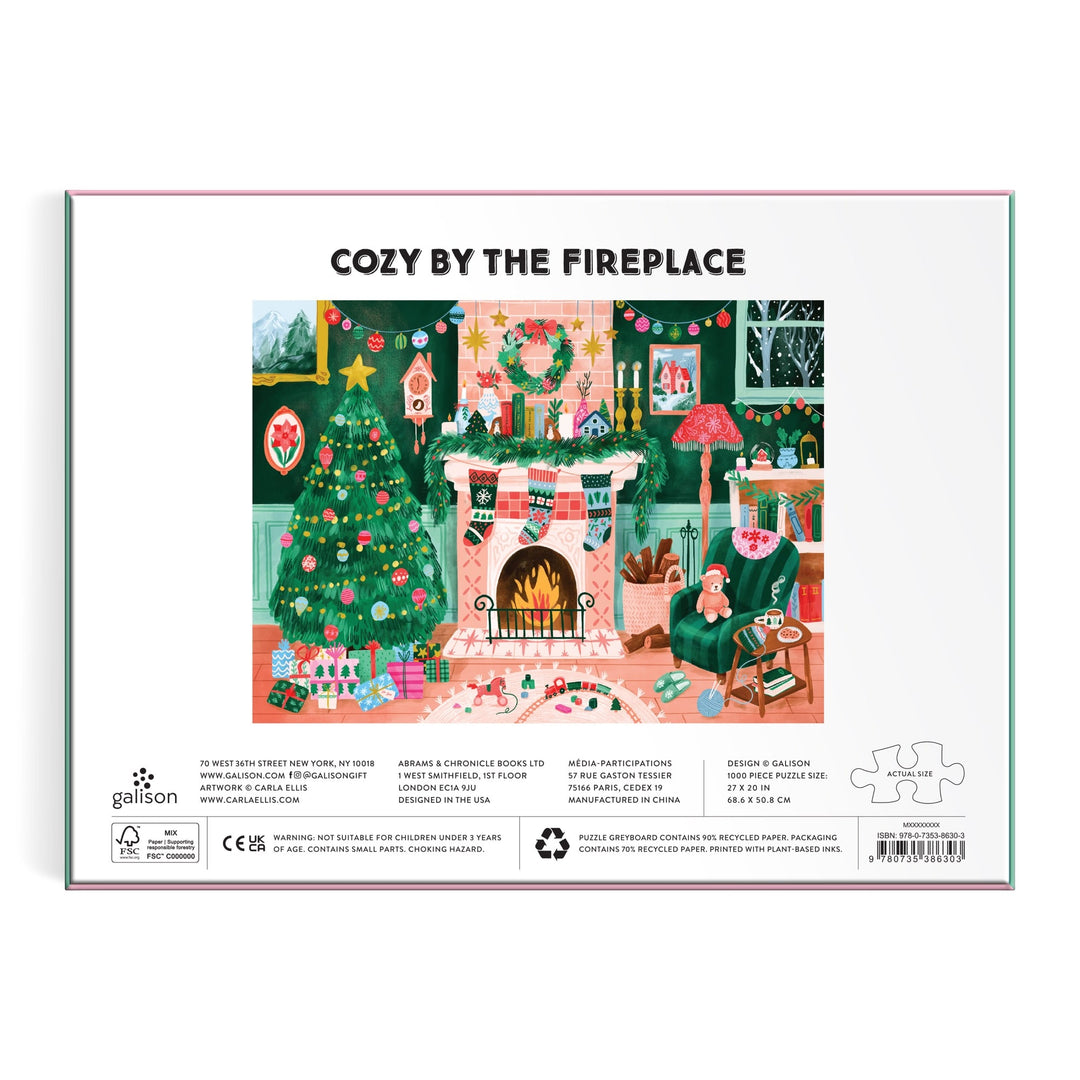 Enjoy the Carla Ellis Cozy by the Fireplace 1000 Piece Puzzle, featuring a festive living room scene with a decorated tree, glowing fireplace, stockings, and cozy decor—the perfect gift for puzzle lovers this Christmas.