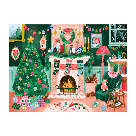 Cozy by the Fireplace 1000 Piece Puzzle by Carla Ellis features a festive living room with a glowing fireplace, green armchair with a teddy bear, holiday garlands, and snow falling gently outside the window—perfect for puzzle lovers.