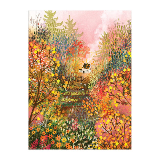 The Autumn in the Meadow 1000 Piece Puzzle by Laivi Põder features a small white house with a black roof surrounded by vibrant autumn trees, wildflowers, and lush foliage beneath a pink sky, all depicted with exquisite botanical detail.