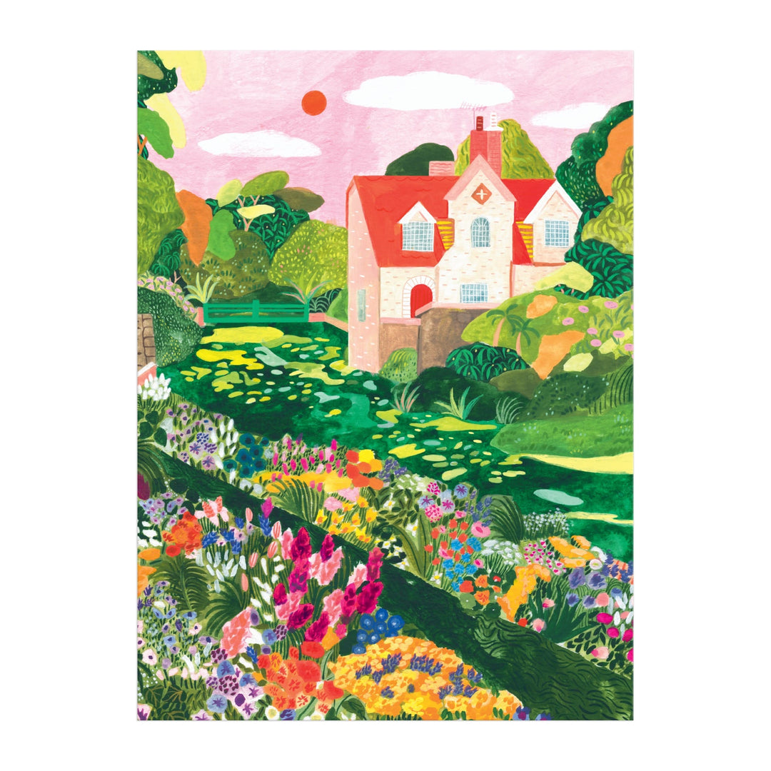 The Blooming Meadow 1000 Piece Puzzle by Flore Cousseran features a colorful house with a red roof, surrounded by lush greenery, trees, vibrant blooming flowers, and a pink sky with a red sun.