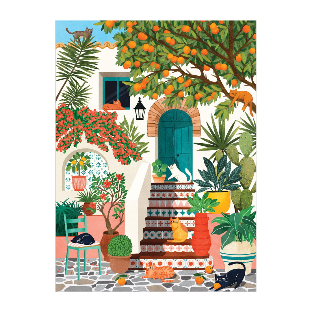 The Mediterranean Cats 1000 Piece Puzzle by Tània Garcia features a vibrant courtyard scene with lush plants, orange trees, potted flowers, stone steps, and six playful cats basking in a sunlit, cozy Mediterranean setting.