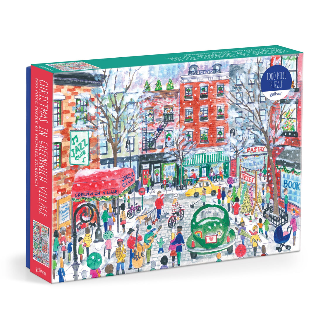 The Michael Storrings Christmas in Greenwich Village 1000 Piece Puzzle by Michael Storrings features a festive winter scene with people, decorated shops, a green car, and snow-covered streets for a joyful holiday atmosphere.