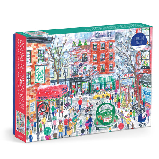 The Michael Storrings Christmas in Greenwich Village 1000 Piece Puzzle by Michael Storrings features a festive winter scene with people, decorated shops, a green car, and snow-covered streets for a joyful holiday atmosphere.