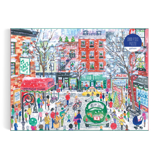 The Michael Storrings Christmas in Greenwich Village 1000 Piece Puzzle features a lively winter street scene with people, shops, trees, a green car, jazz club, snowy rooftops, and festive holiday spirit. From artist Michael Storrings.