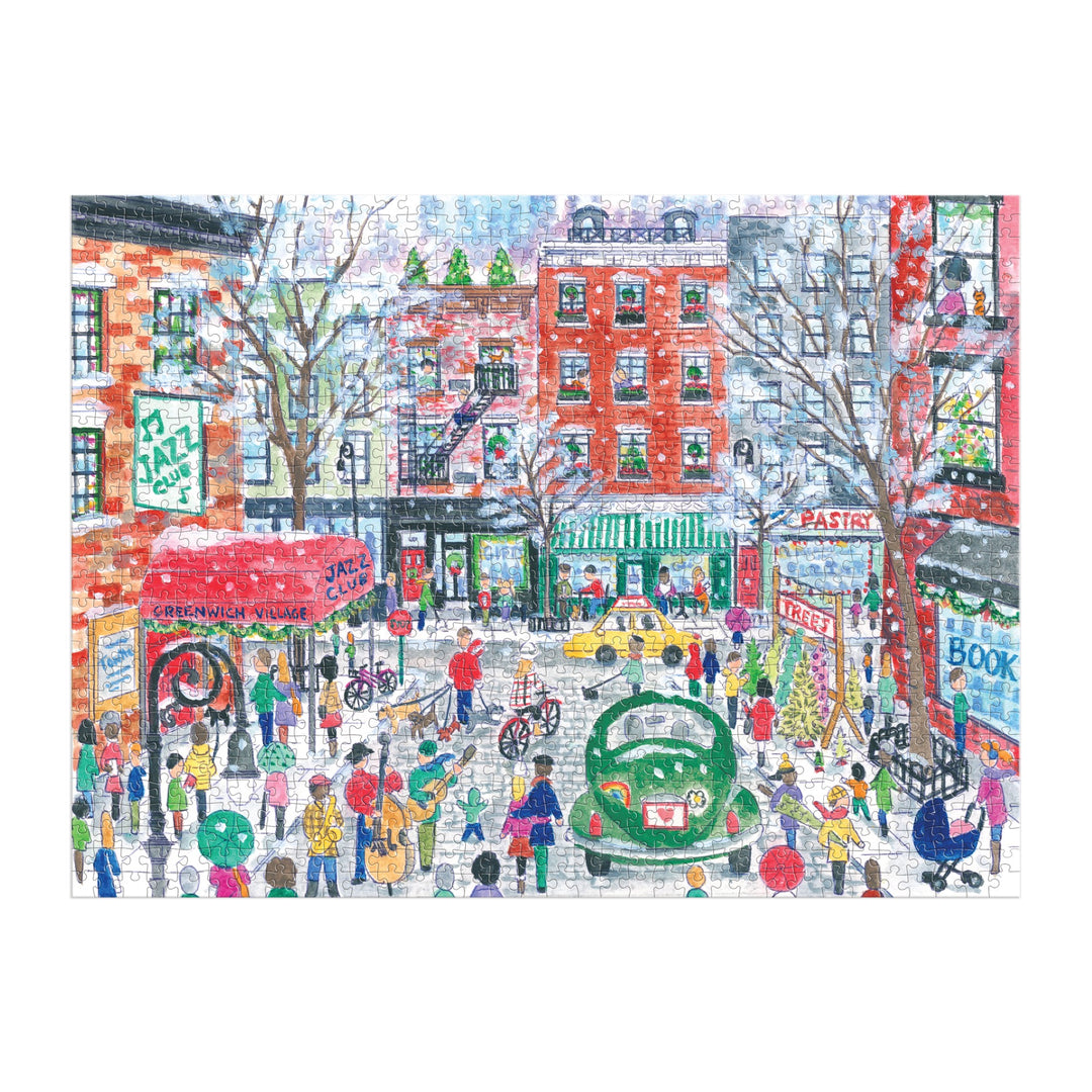 The Michael Storrings Christmas in Greenwich Village 1000 Piece Puzzle captures a lively winter city street with people, shops, and snowfall, creating a festive holiday mood in iconic Greenwich Village.