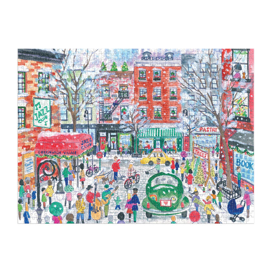 The Michael Storrings Christmas in Greenwich Village 1000 Piece Puzzle captures a lively winter city street with people, shops, and snowfall, creating a festive holiday mood in iconic Greenwich Village.