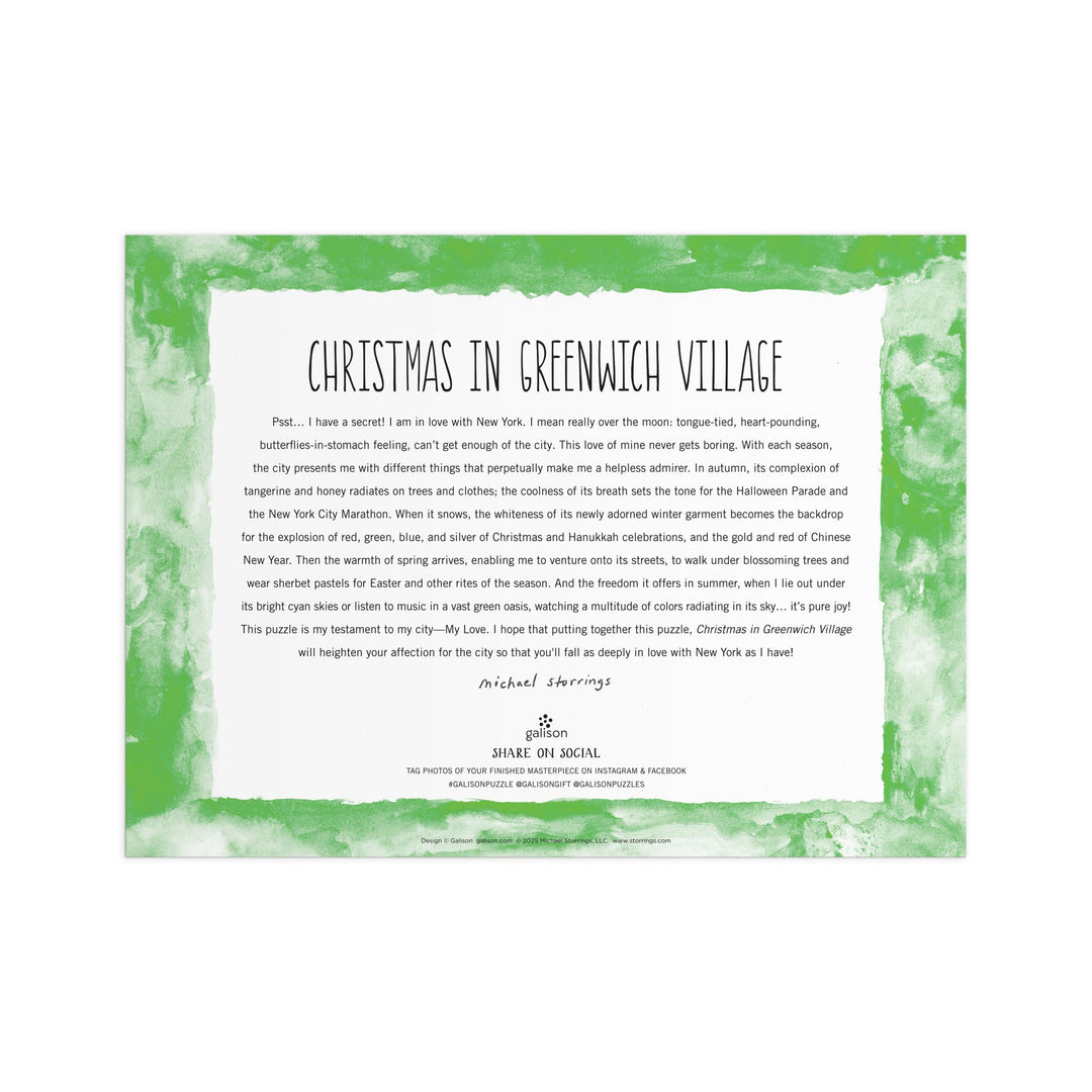 The Michael Storrings Christmas in Greenwich Village 1000 Piece Puzzle by Michael Storrings showcases festive New York City traditions with vibrant holiday artwork inspired by the unique holiday spirit of Greenwich Village.
