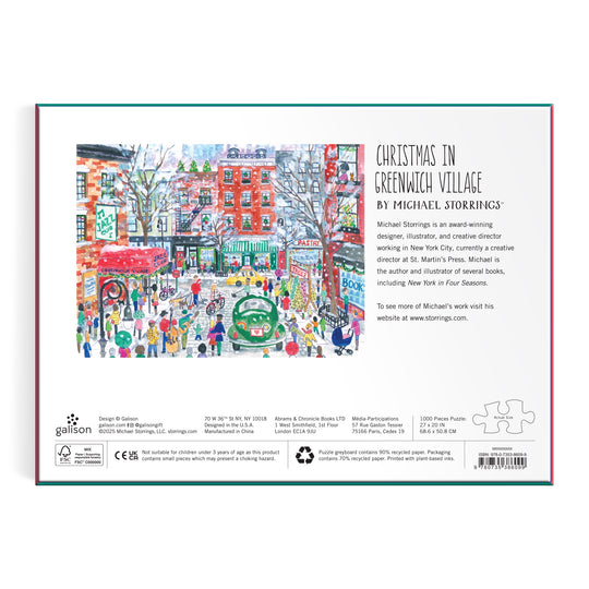 The image shows the back of the Michael Storrings Christmas in Greenwich Village 1000 Piece Puzzle box, featuring festive holiday scenes and text about the artwork and artist Michael Storrings.