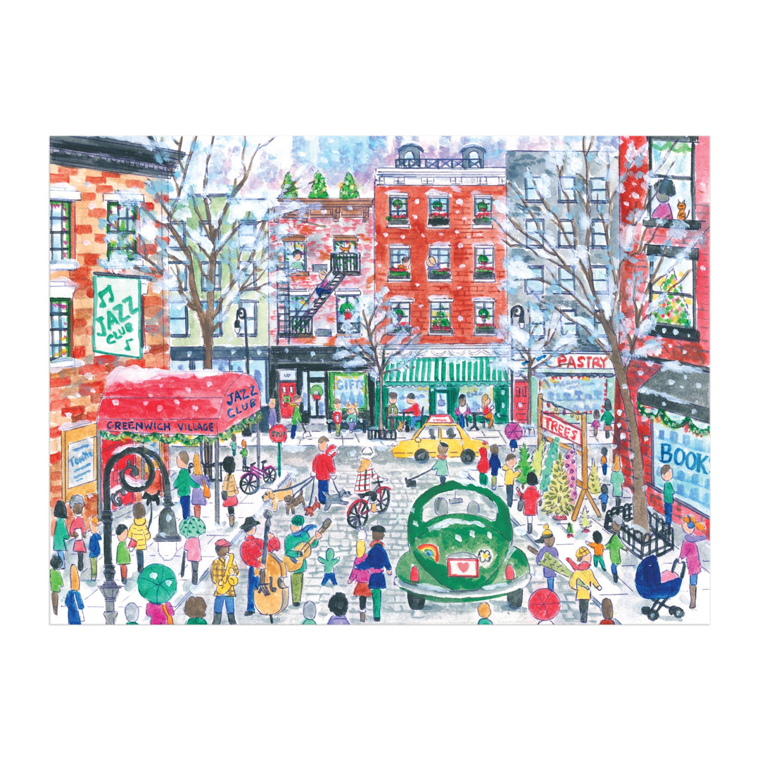 Experience the festive charm of Greenwich Village in winter with Michael Storrings Christmas in Greenwich Village 1000 Piece Puzzle by Michael Storrings, featuring snowy streets, a green vintage car, cafés, shops, and jazz club signs.