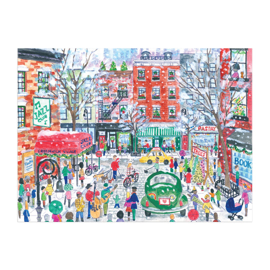 Experience the festive charm of Greenwich Village in winter with Michael Storrings Christmas in Greenwich Village 1000 Piece Puzzle by Michael Storrings, featuring snowy streets, a green vintage car, cafés, shops, and jazz club signs.
