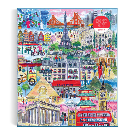 The Michael Storrings Cities Around the World 1000 Piece Puzzle by Michael Storrings showcases illustrated landmarks like the Eiffel Tower and Big Ben, capturing vibrant cityscapes and global people in a colorful puzzle box.