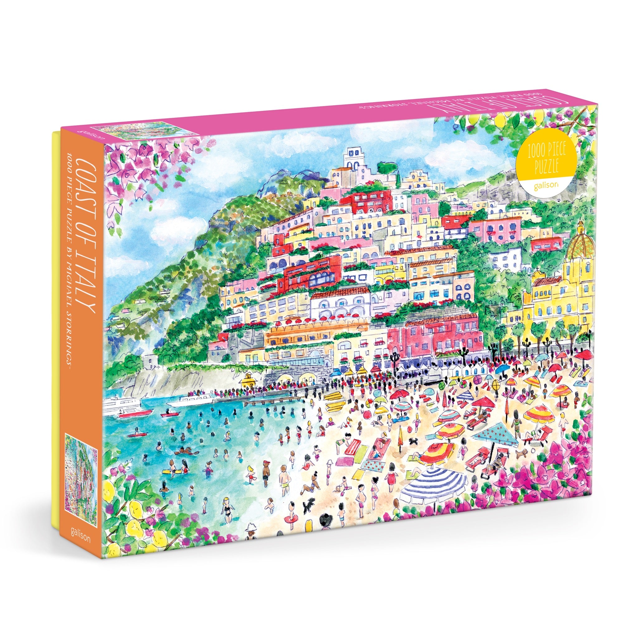 The Michael Storrings Coast of Italy 1000 Piece Puzzle features vibrant hillside buildings, a lively beach, and lush flowers—perfect for art lovers who appreciate scenic beauty.