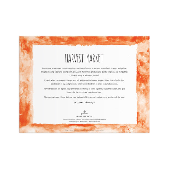An invitation with an orange watercolor border and white center reads Harvest Market, echoing the autumnal spirit and community feel of the Michael Storrings Harvest Market 1000 Piece Puzzle by Michael Storrings.