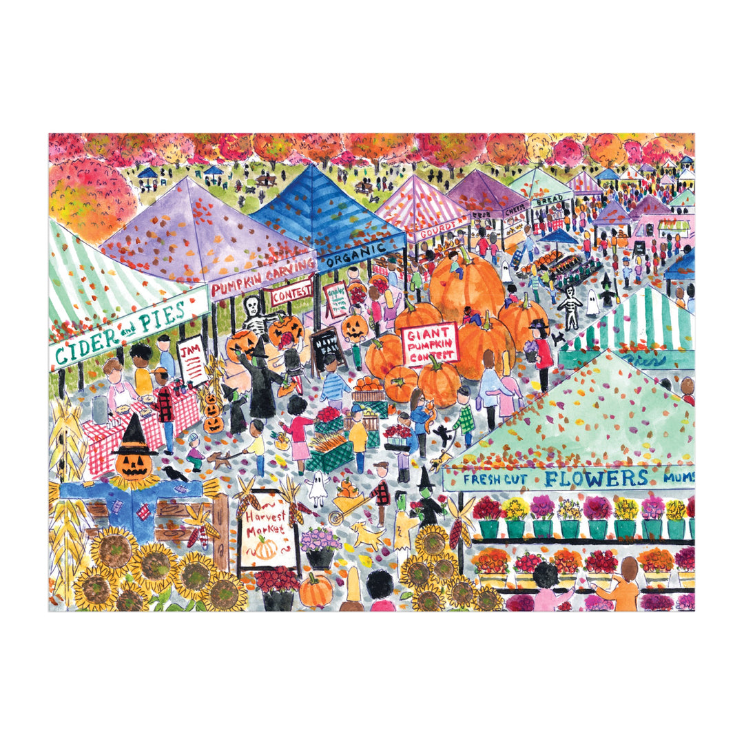 Inspired by Michael Storrings, the Harvest Market 1000 Piece Puzzle captures a vibrant fall scene with tents offering cider, pies, flowers, and pumpkins as shoppers stroll beneath orange-leaved autumn trees. Brand: Michael Storrings.